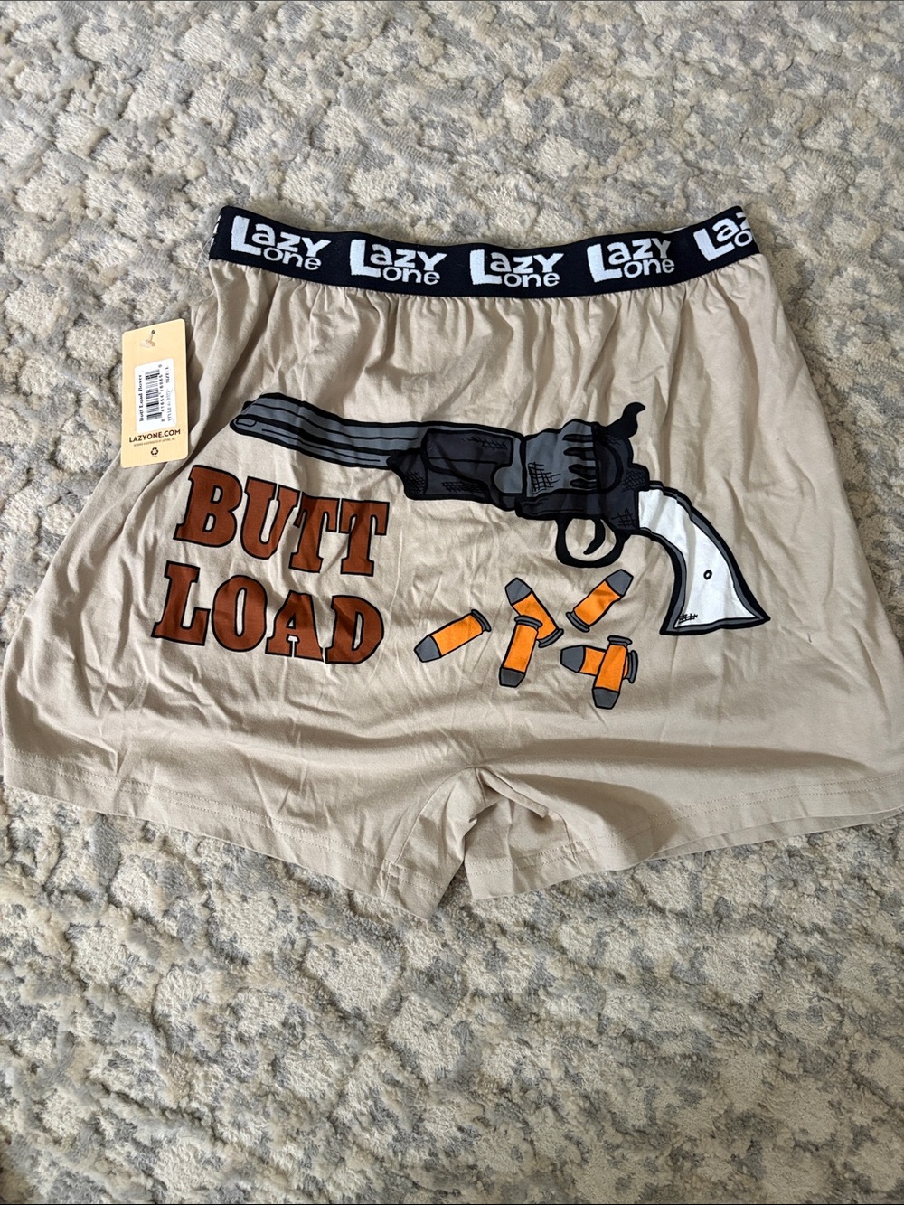Lazy One Beige Boxer Shorts with Revolver and Orange Shells